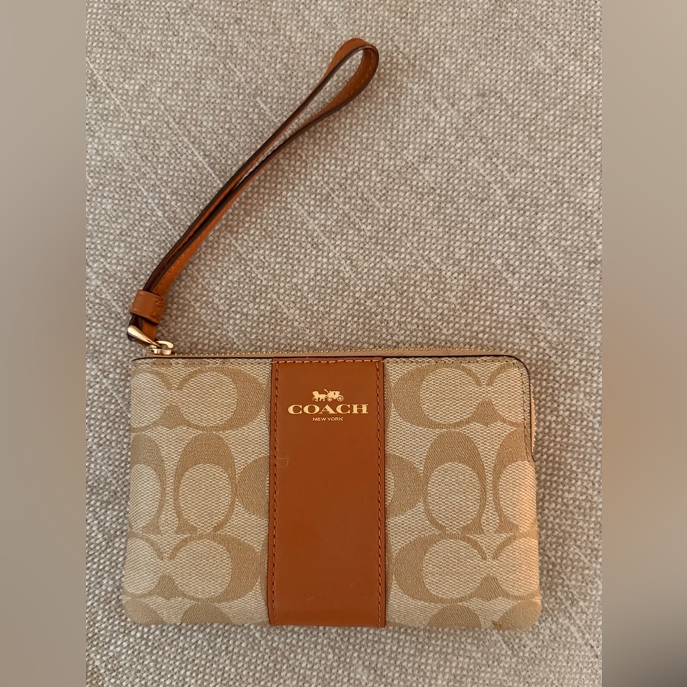 Coach Signature Beige and Brown Wristlet